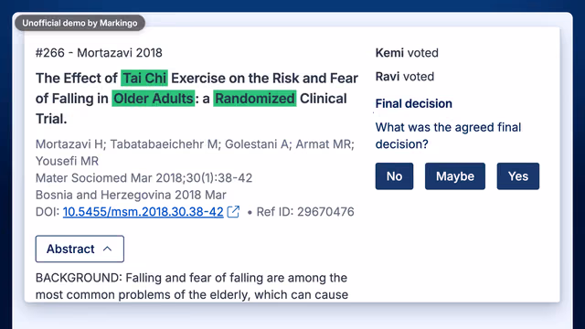 A frame of our film of Covidence's product: a reviewer's vote on a study