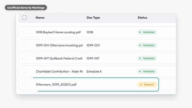Our film of Juno's product: its documents table, the files sorted and checked