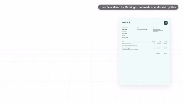 Our film of Kick's product, its opening: the promise about sending an invoice types in beside the invoice