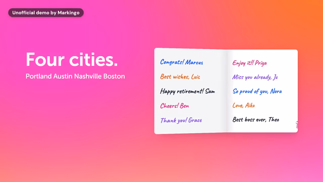 Our film of Kudoboard's product: the words "Four cities." beside the card her team signed