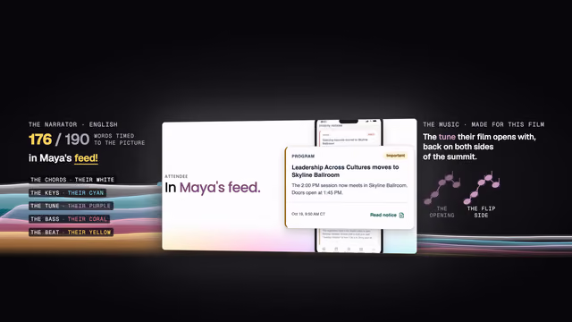 A frame of Our process: the narration timed word by word to the picture, "In Maya's feed.", and the music made for the film