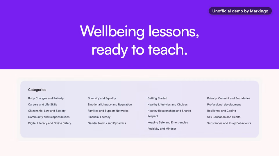 Our film of Wellio's product: "Wellbeing lessons, ready to teach." over its lesson categories